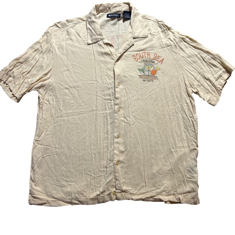 Puritan Button Down Loop Collar Shirt Mens L Cream South Sea Tiki Lounge Rayon